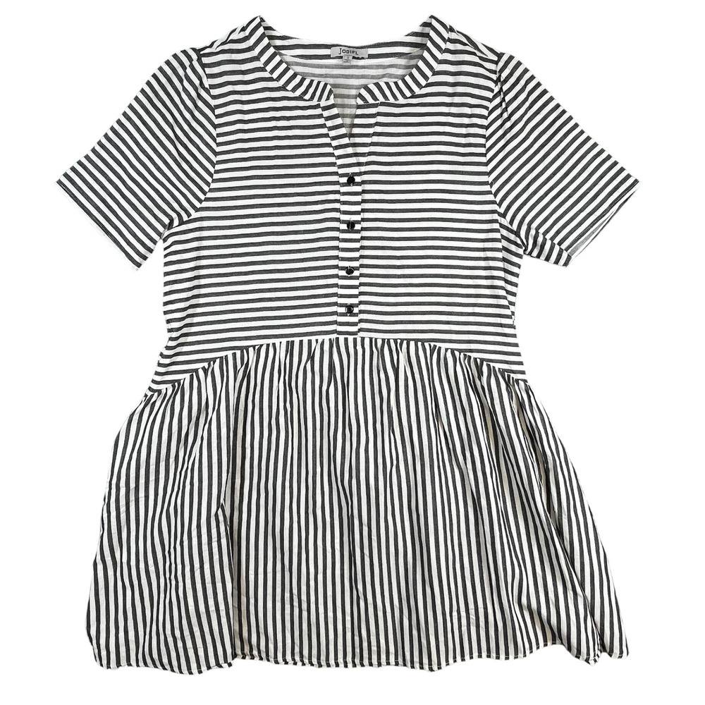 JODIFL Striped Peplum Top Women's Size S Short Sleeve Casual Blouse Black White